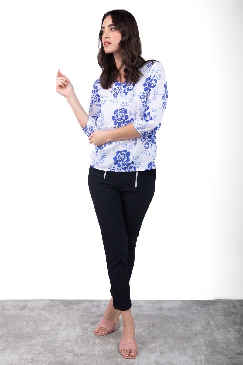 Blue & White Flower Motif Straight Fit Top