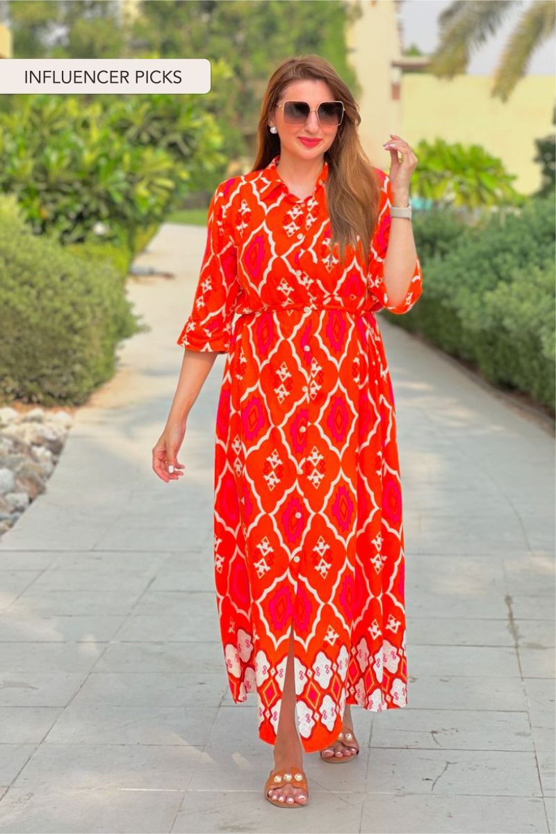 Rust Geometric Printed Button Down Midi Dress