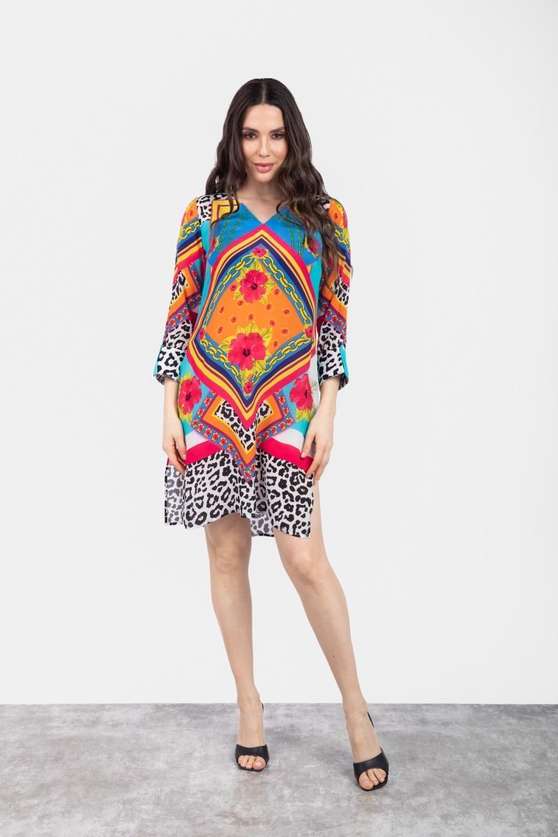 Multicolor Vibrant Printed V-neck Dress