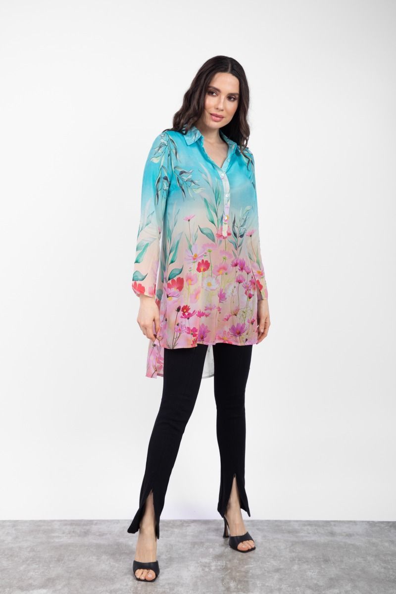 Blue & Pink Ombre Floral Print High Low Tunic