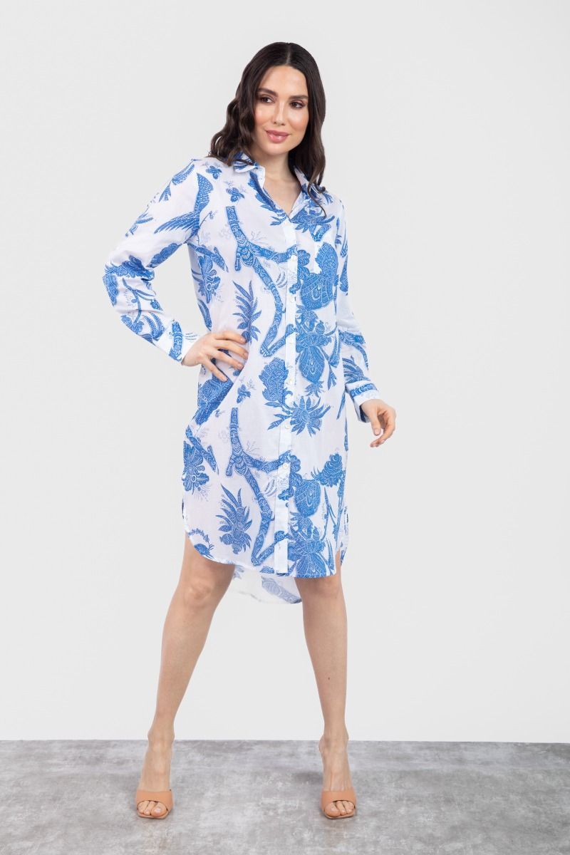 Blue & White Floral Print Shirt Dress