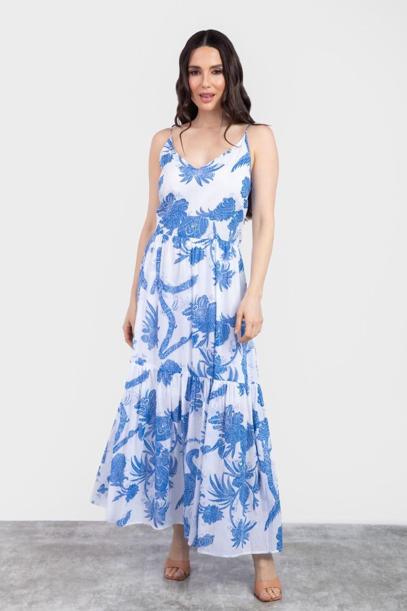 Blue & White Floral Strap Maxi Dress