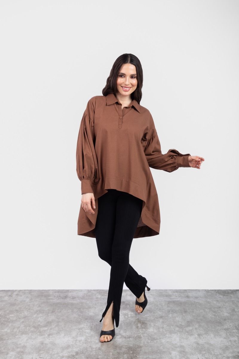 Brown Linen High-Low Assymetric Shirt