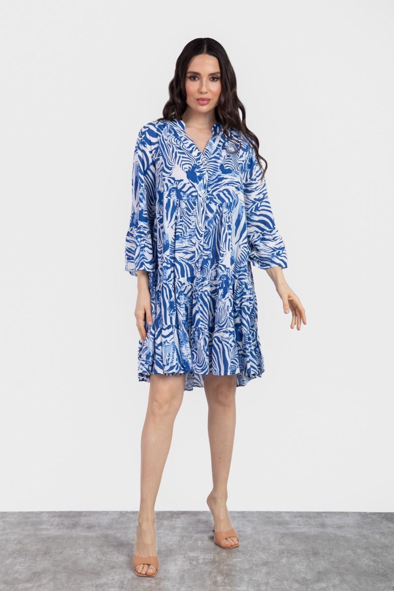 Animal Printed Blue & White Tiered Short Dress