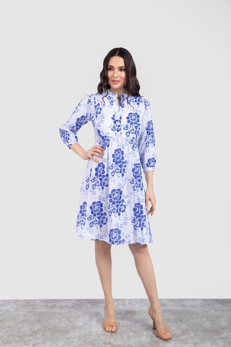 Blue & White Flower Motif A-Line Short Dress