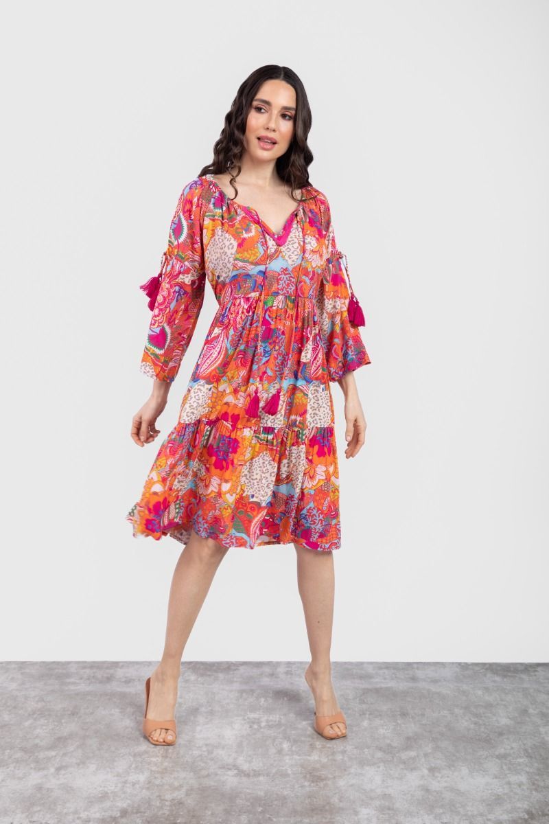 Vibrant Printed Front Tie Detail Multi Tiered Dress