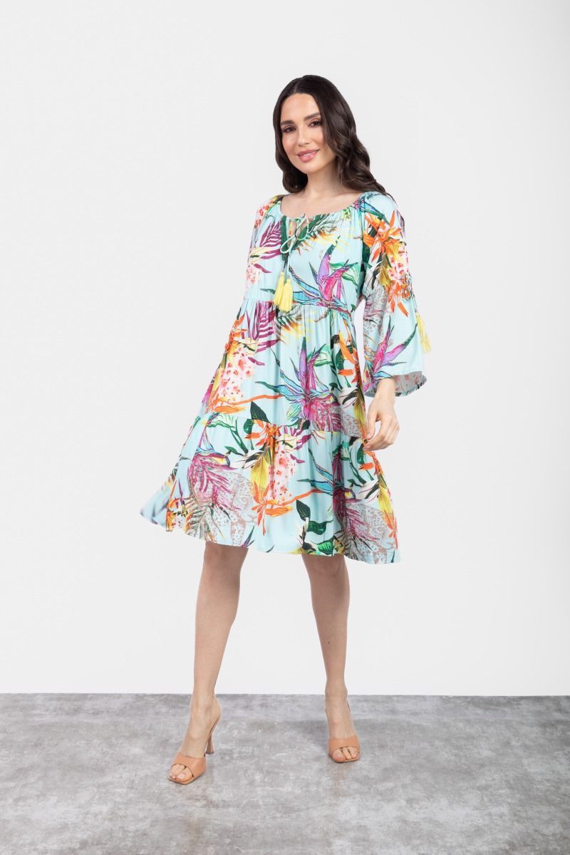 Botanical Printed Front Tie Detail Multi Tiered Dress