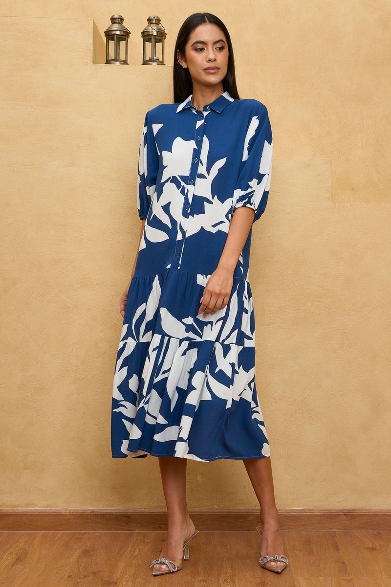 Blue & White Floral Printed Tiered Midi Dress