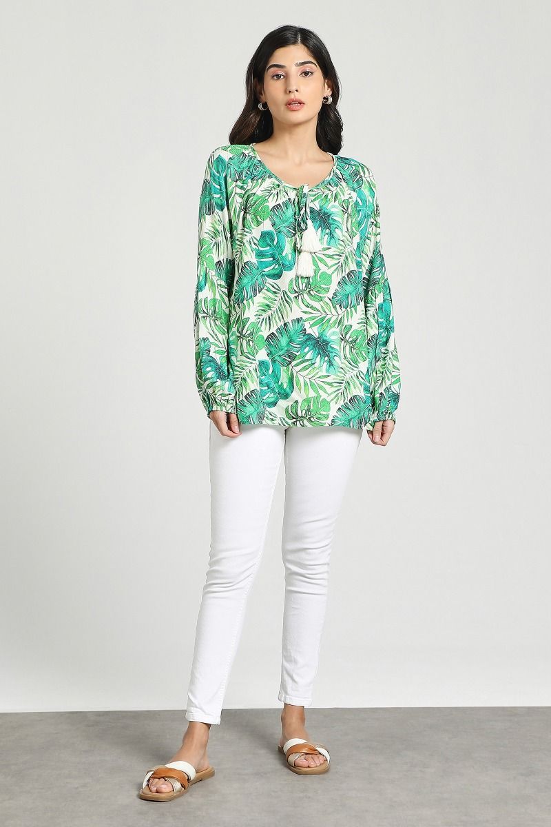 Green and white leaf printed blouse