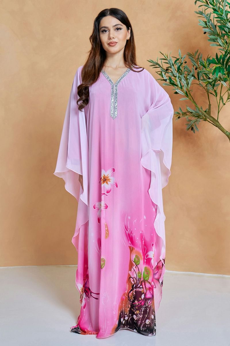 Pink Ombre Printed Lace House Kaftan Maxi Dress 36-38