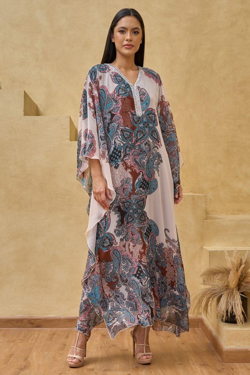 Pink Paisley All Over Printed Lace House Kaftan Maxi Dress