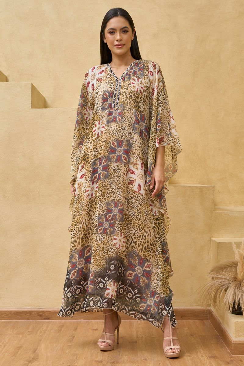 Beige All Over Animal Printed Lace House Kaftan Maxi Dress