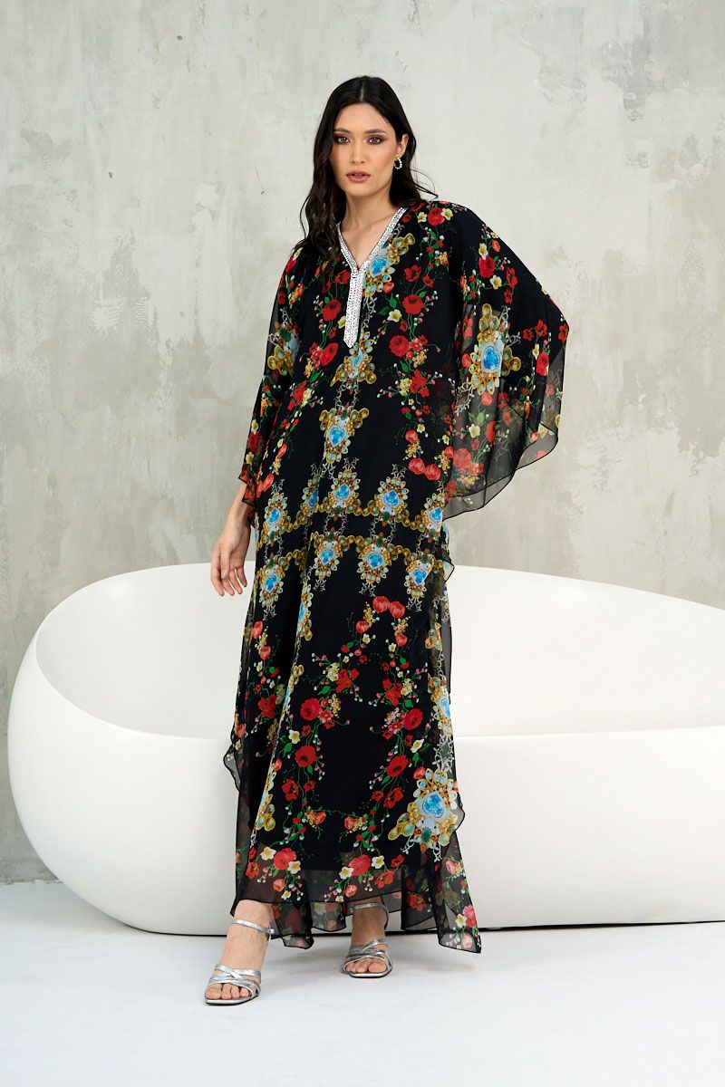 Black Floral Printed House Kaftan Maxi Dress