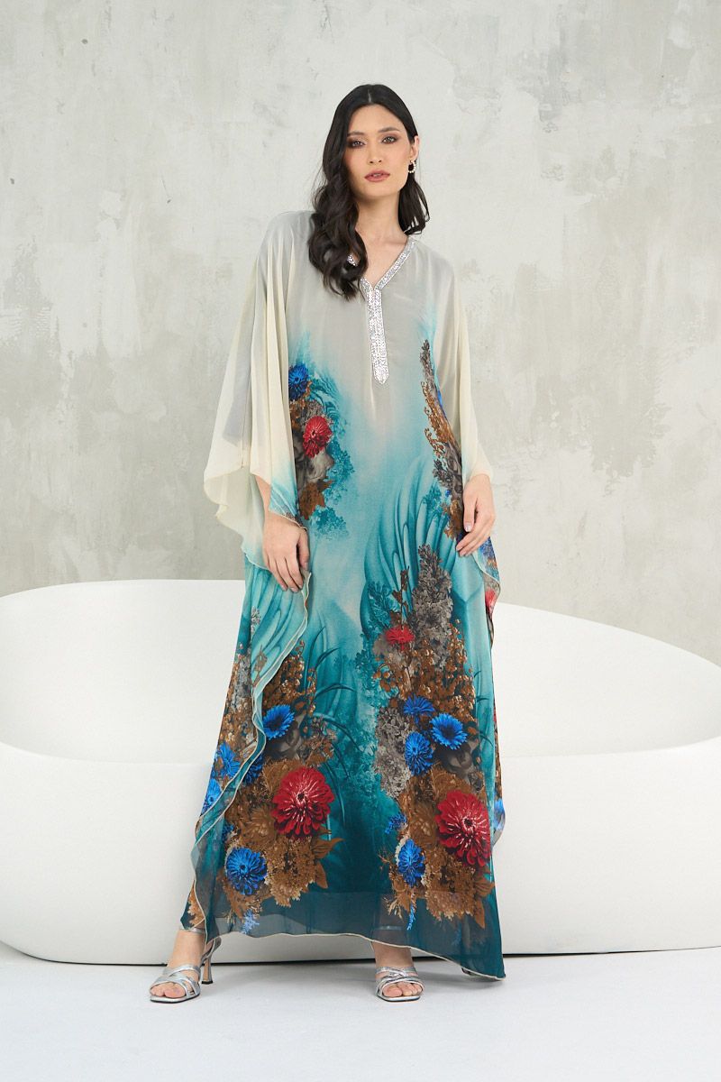 Blue Ombre Printed House Kaftan Maxi Dress