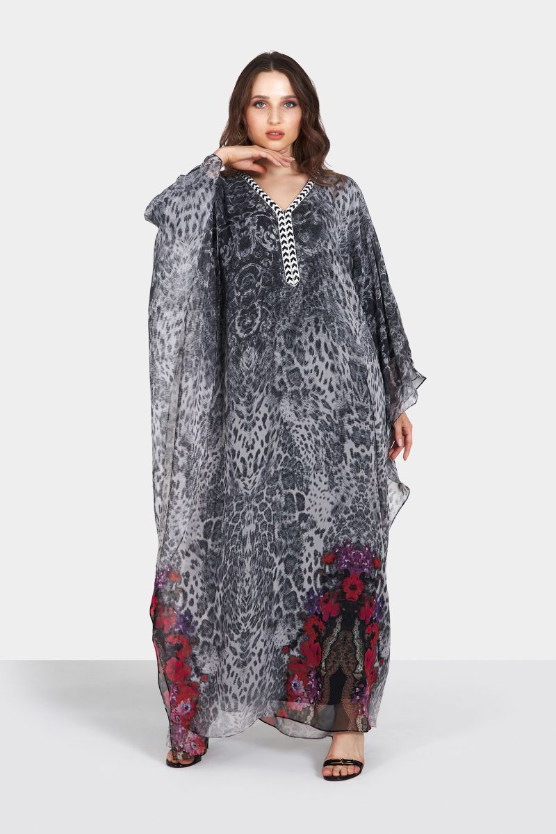 Black and Grey Animal Printed Full Length Kaftan Dress