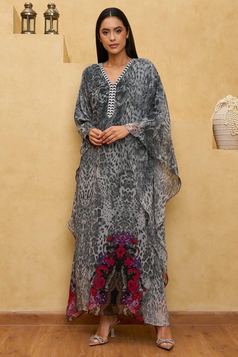 Black Grey Animal Printed Kaftan Dress