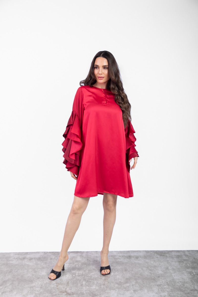 Red Short Dress with Ombre Gathered Sleeves