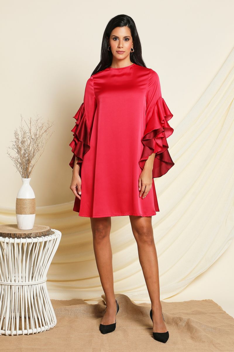 Red Short Dress with Ombre Sleeves