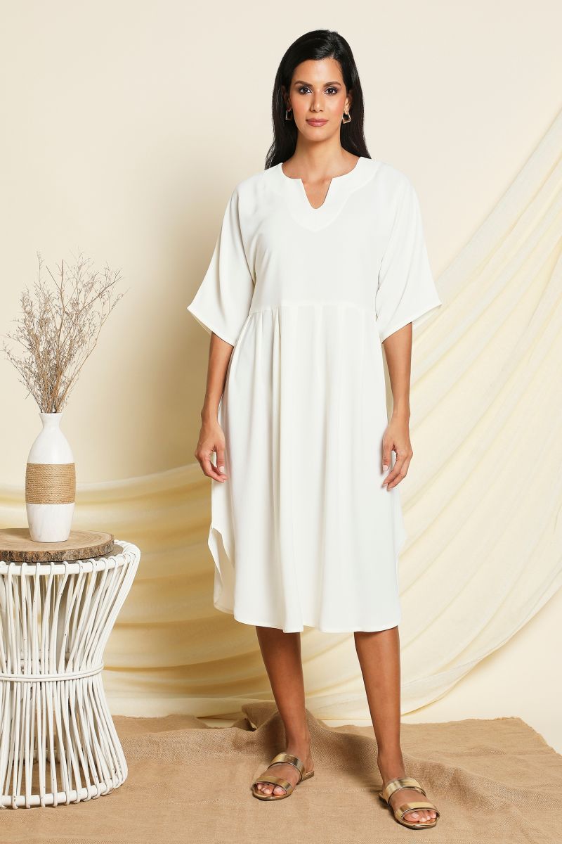 White Front Gathering Midi Dress