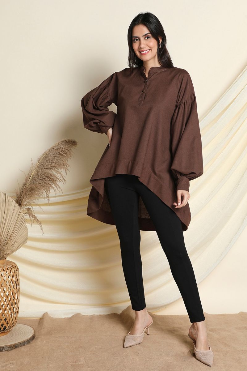 Brown Linen High-Low Assymetric Shirt