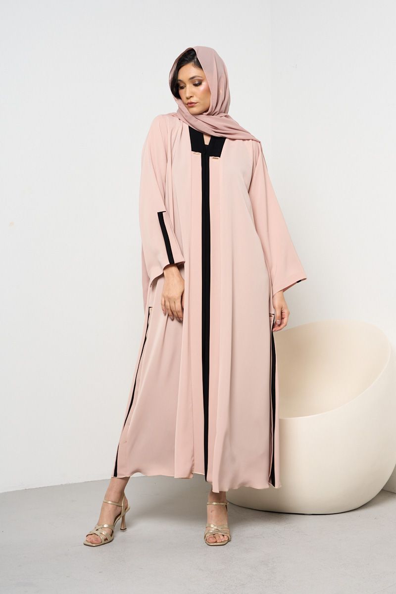 Taupe and Black Contrast Detail Abaya with Sheila