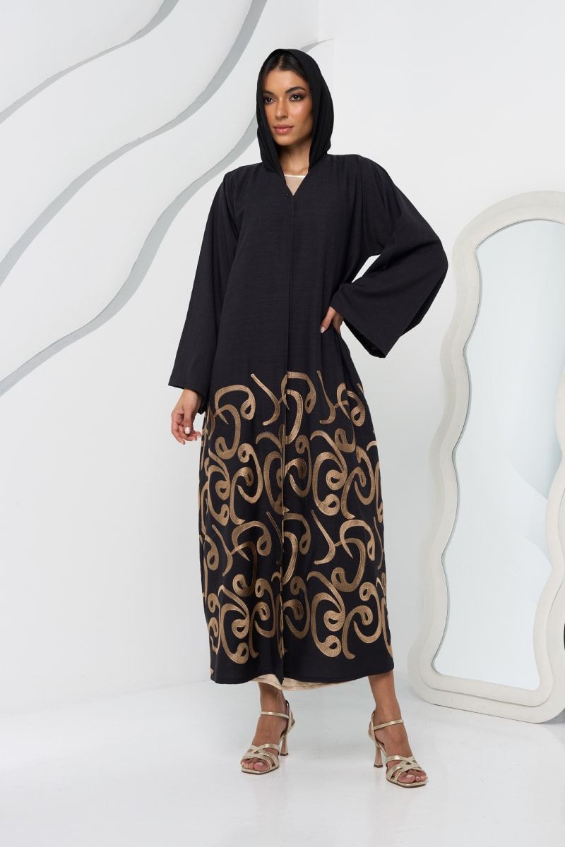 Black and Gold Embroidered Abaya with Sheila