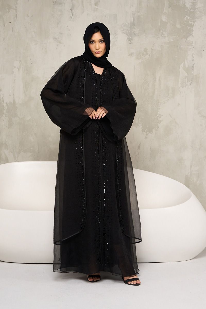 Black Organza Double Layer Stone Work Abaya with Sheila