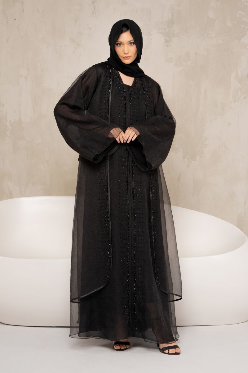 Black Organza Double Layer Stone Work Abaya with Sheila