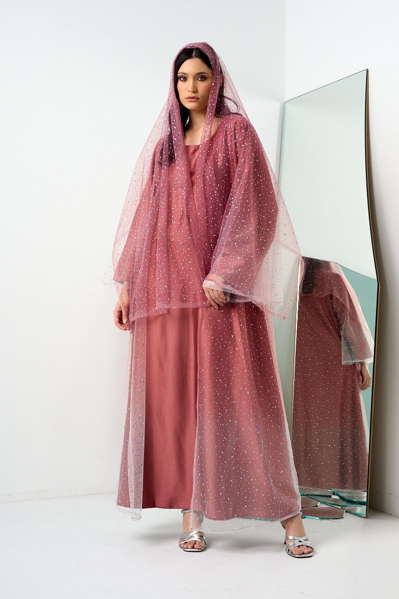 Plum Mesh Embellished Abaya with Inner Dress and Sheila