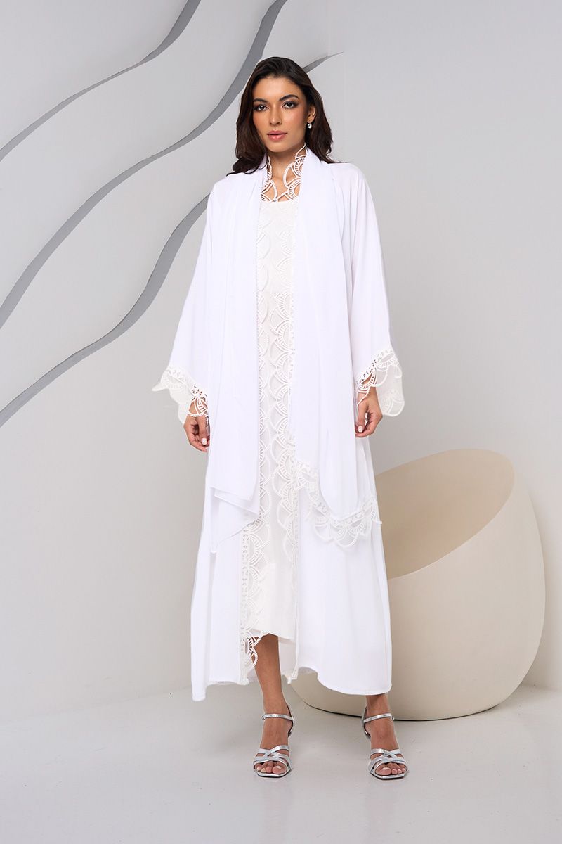 White Silk Abaya with Lace Detail and Sheila