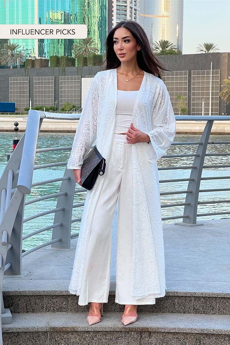 White Floral Textured Abaya Cardigan 