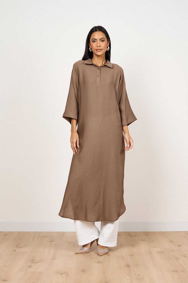 Beige Collared Kaftan with Button Detail