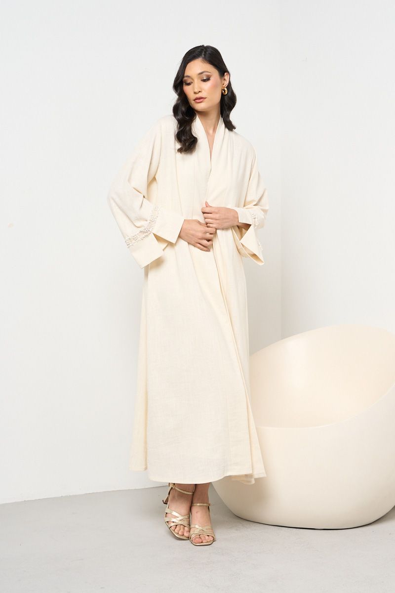 Ivory Linen Abaya with Pearl Detailing and Sheila