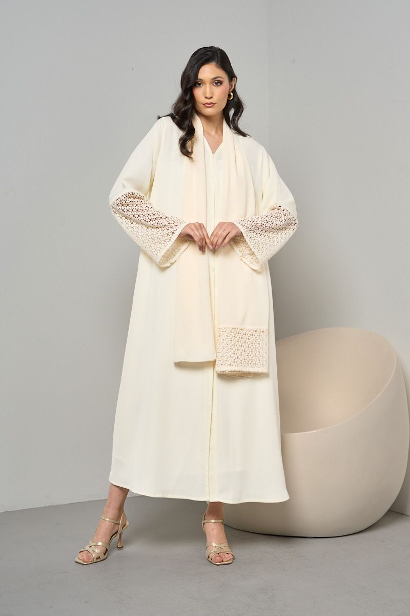 Ivory Abaya with Lace Sleeve and Sheila