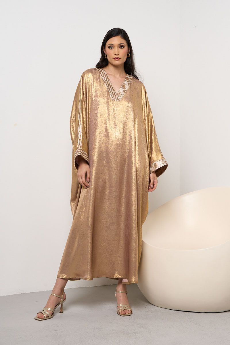 Gold V-Neck Kaftan with Lace Detailing