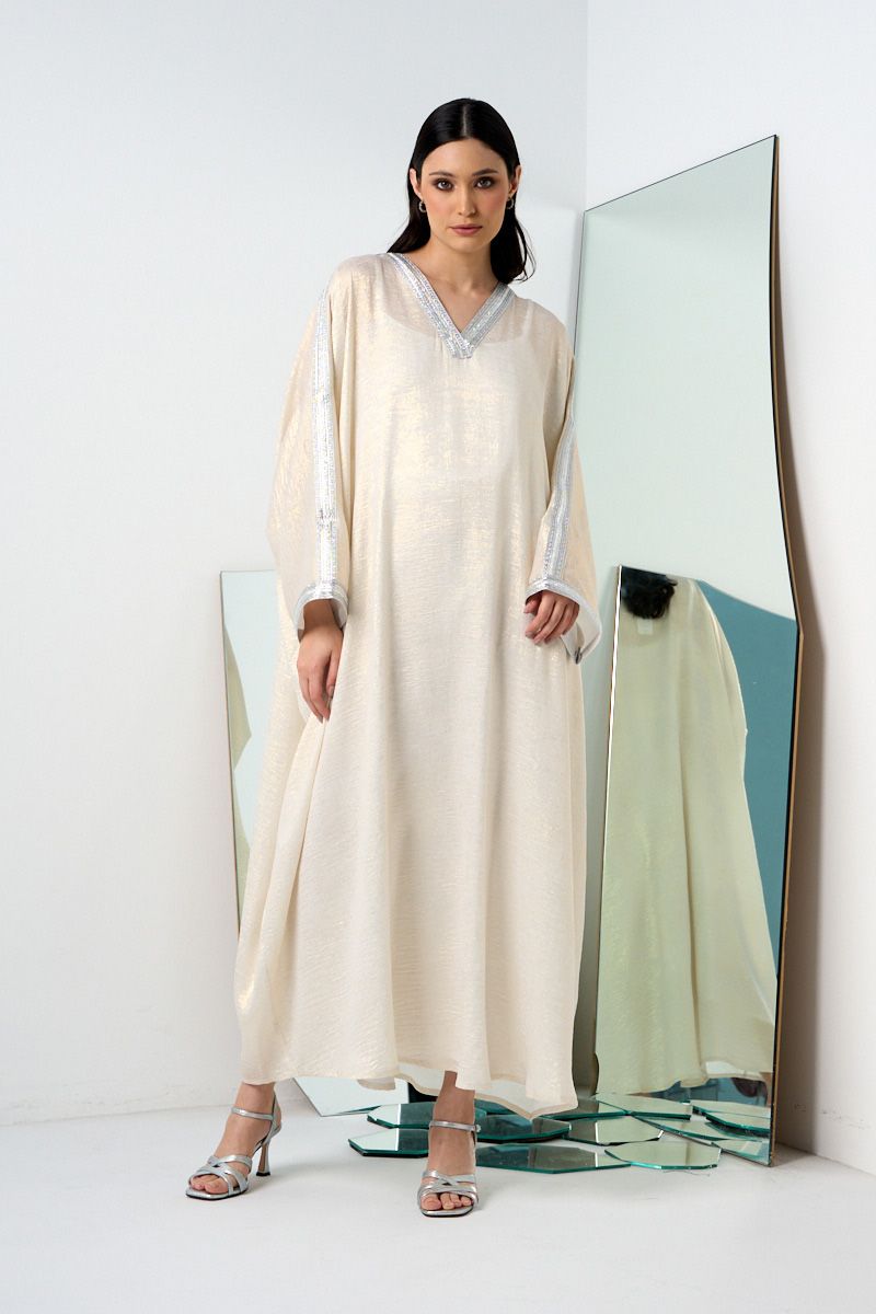 Ivory Silver V-Neck Kaftan with Lace Detailing