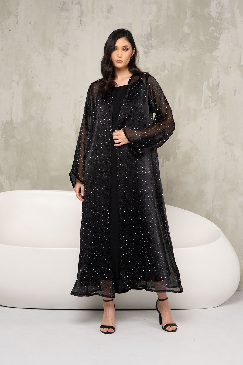 Black Mesh Abaya with Silver Stones and Sheila