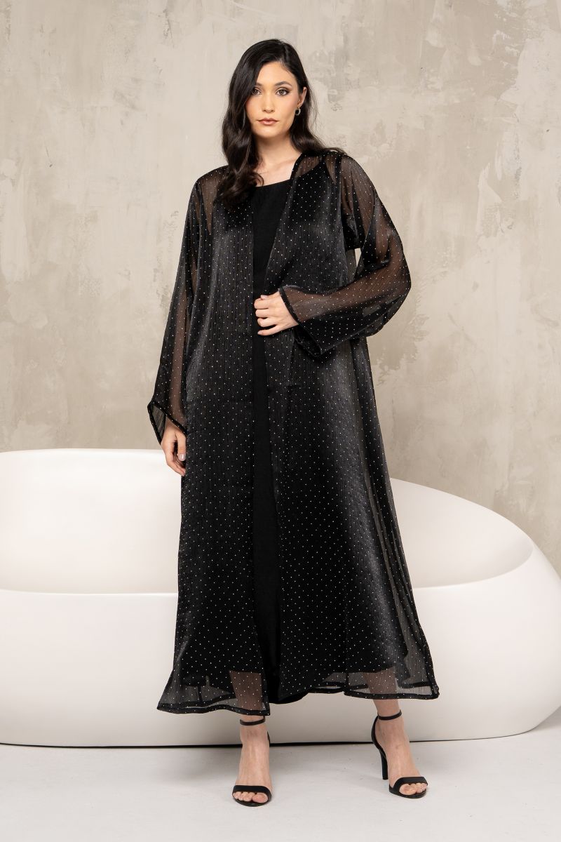 Black Mesh Abaya with Silver Stones and Sheila