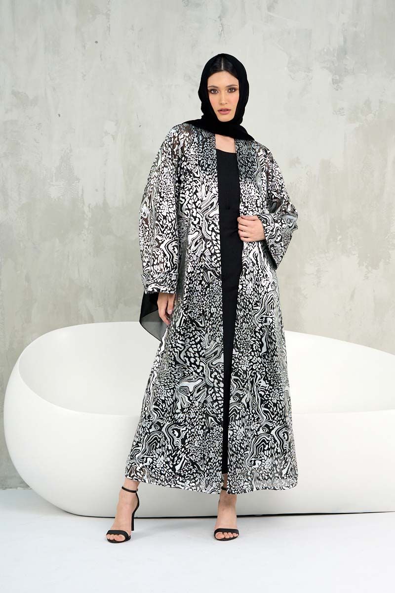 Silver Mesh Animal Printed Abaya with Sheila