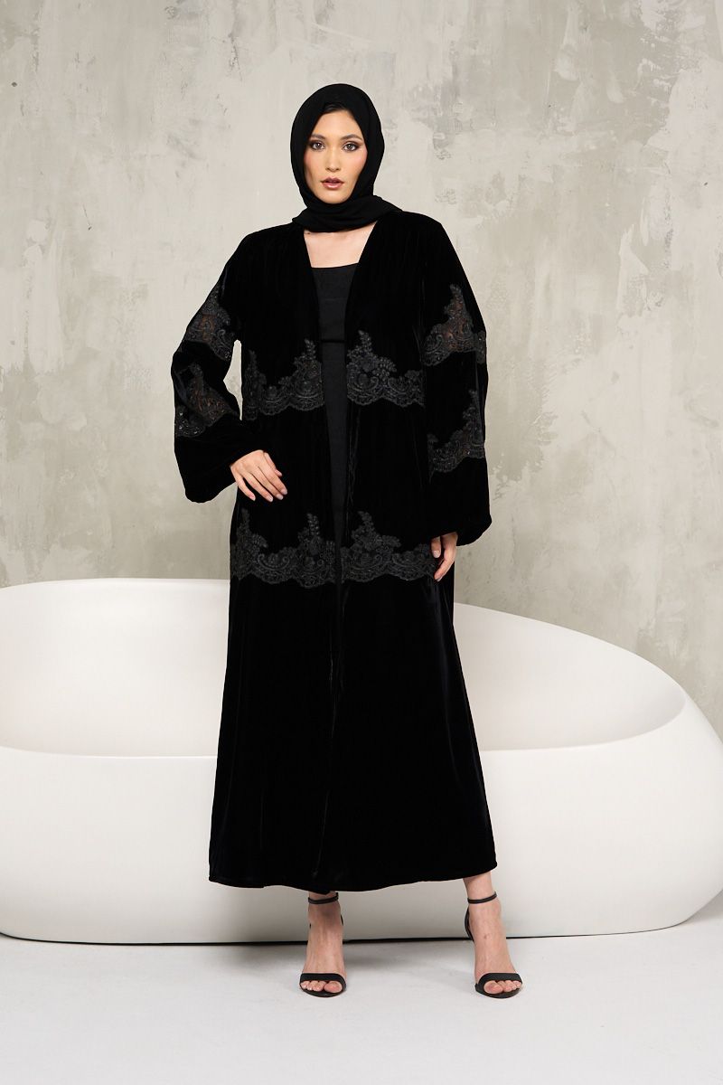 Black Velvet Abaya with Lace Detailing and Sheila