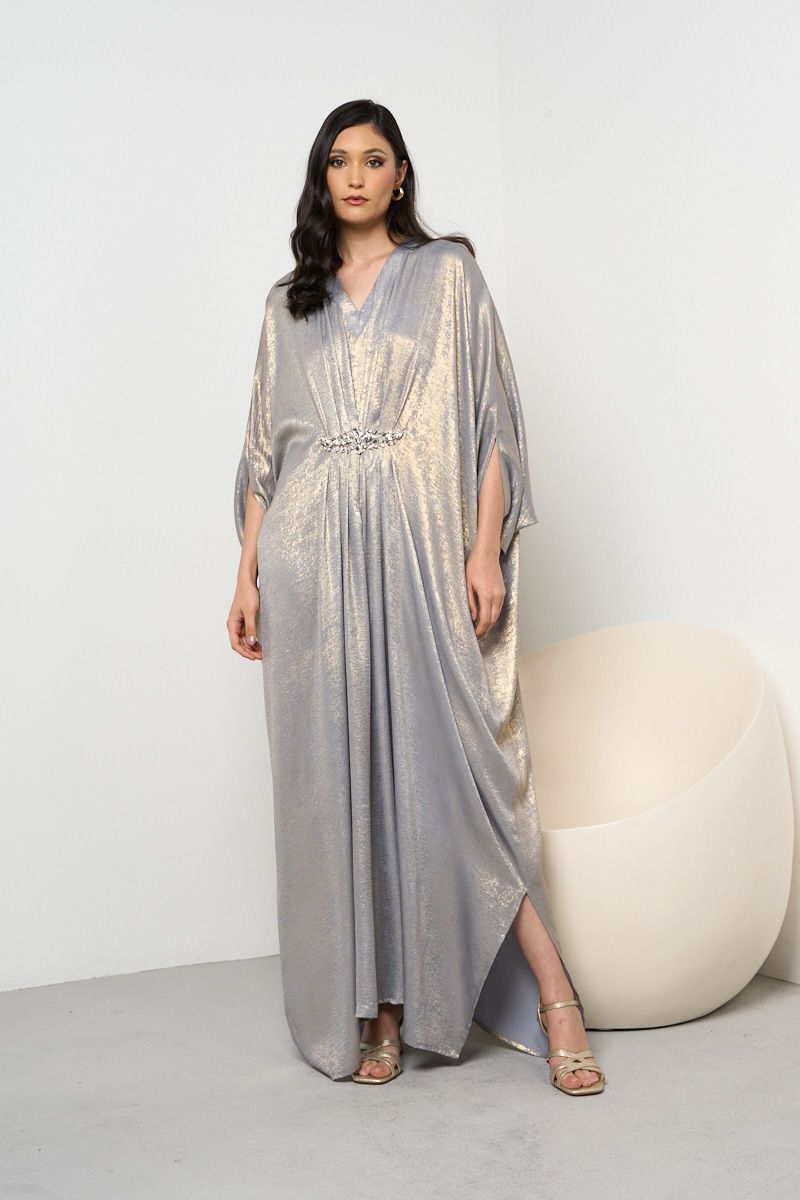 Blue Shimmer Front Pleated Kaftan with Embellishment