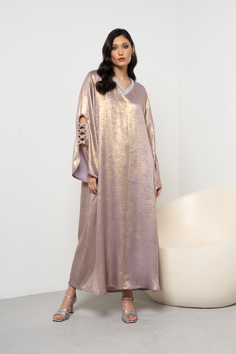 Plum Shimmer Kaftan with Sleeve Detailing and Lace