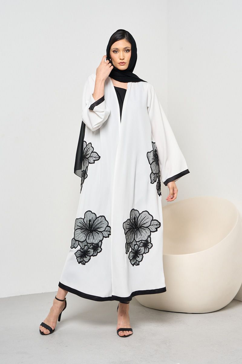 White Abaya with Black Flower Embroidery and Sheila