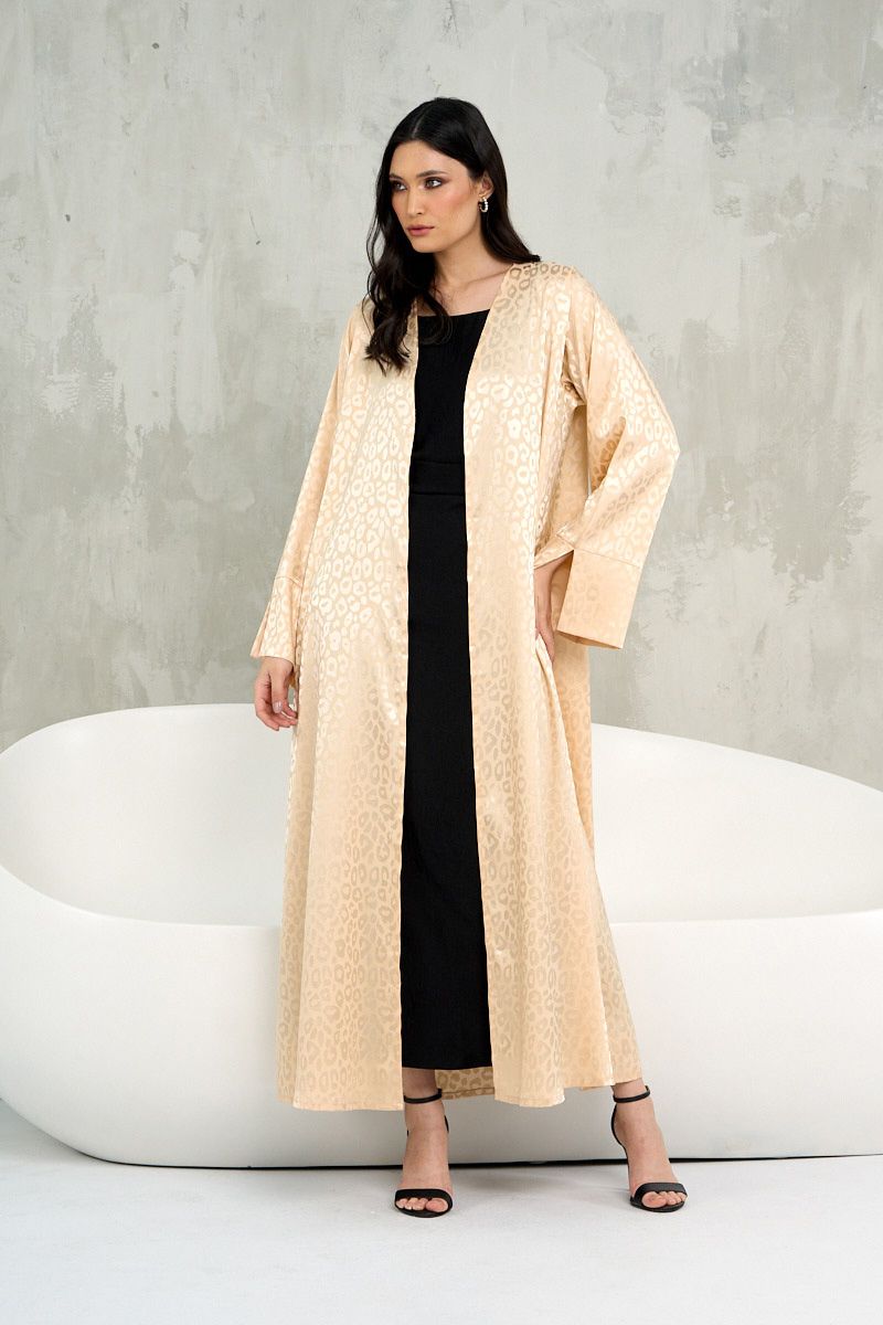 Beige Animal Jacquard Abaya with Sheila