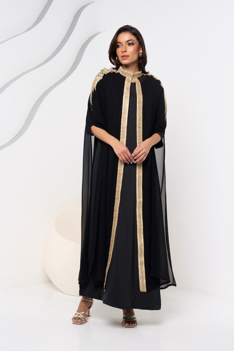 Black and Gold Cape Abaya with Inner Dress and Sheila