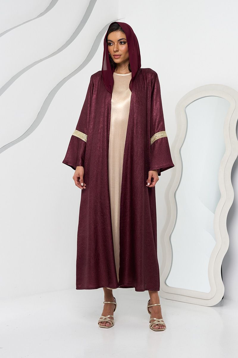 Maroon Abaya with Gold Lace and Sheila