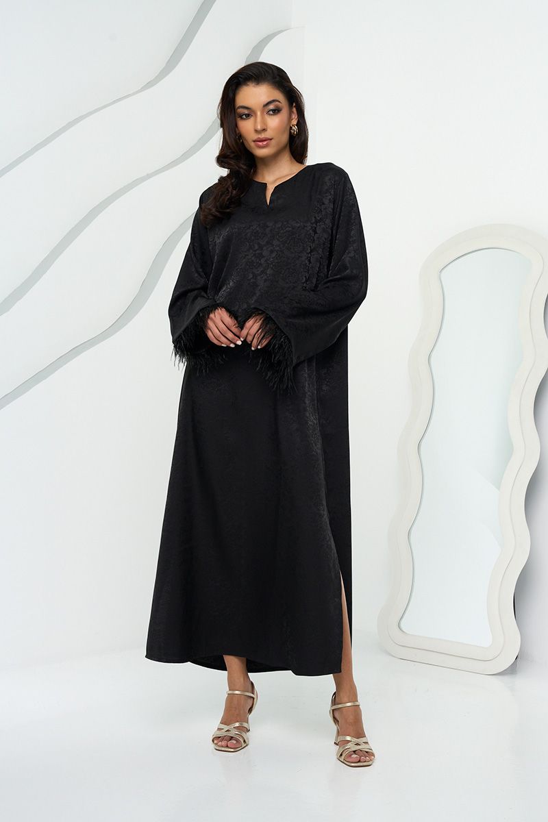 Black Jacquard Kaftan with Feather Detail