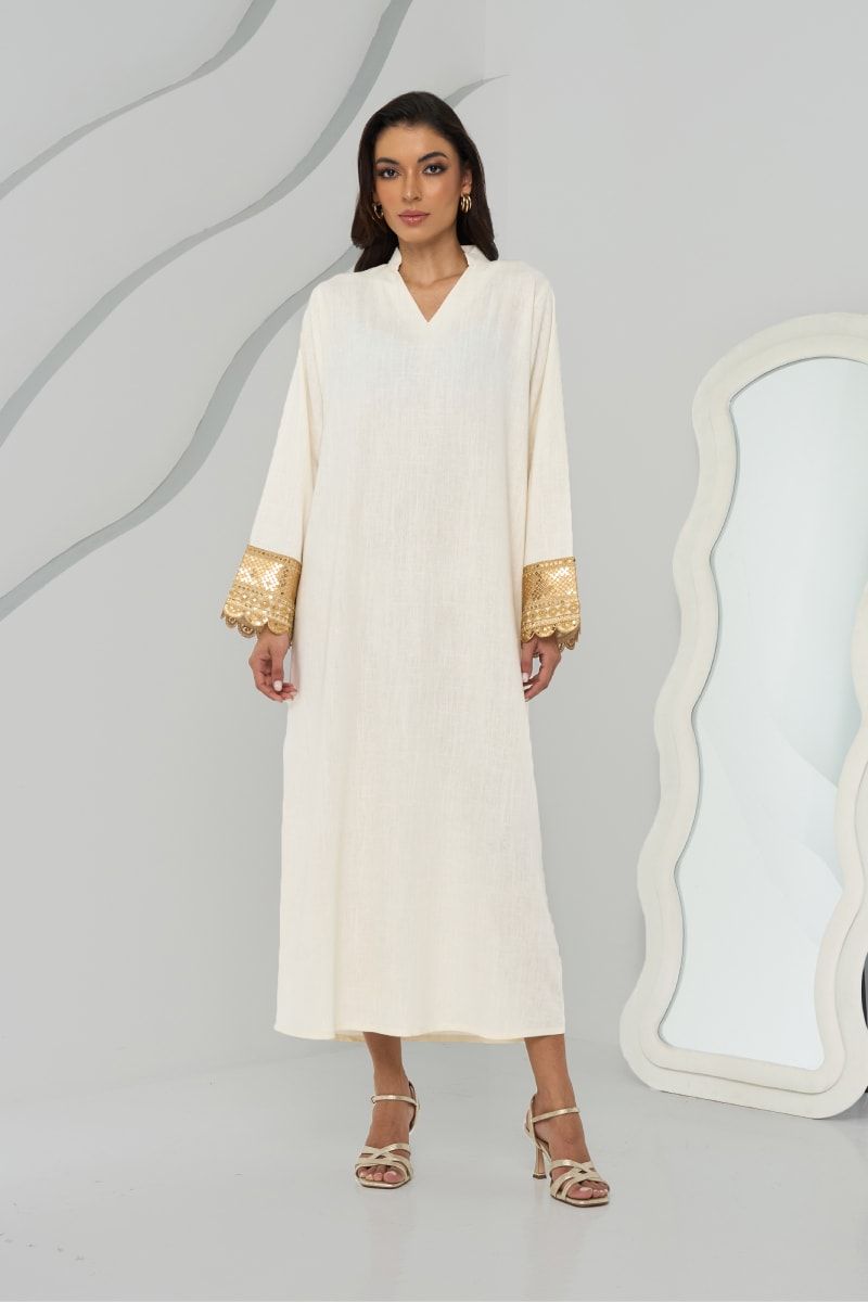 Ivory Linen Kaftan with Gold Sleeve