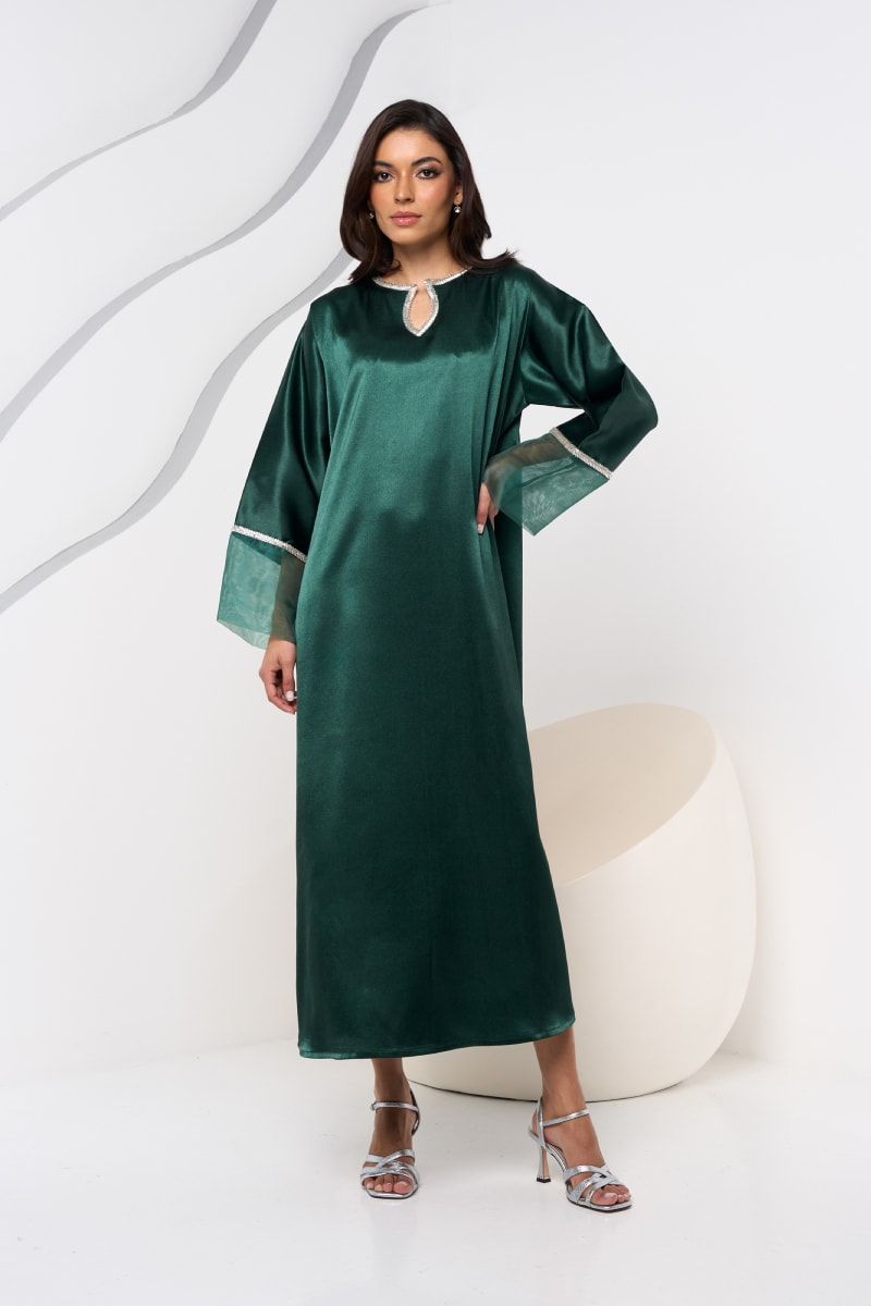 Green Organza Kaftan with Embellishment 