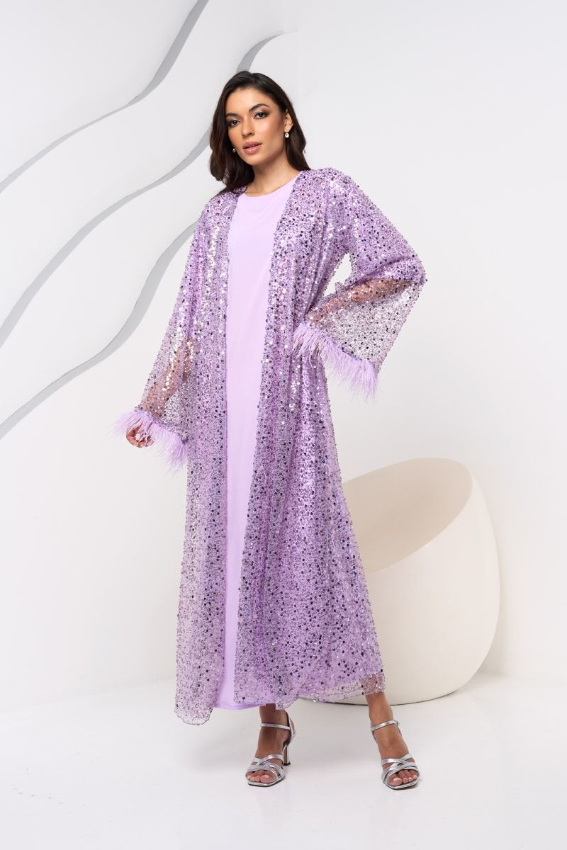 Purple Embellished Feather Abaya with Inner Dress and Sheila